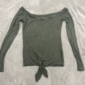 Green Off The Shoulder Long Sleeve Tie Shirt